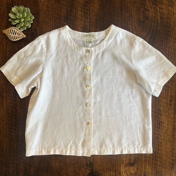 Orvis Tops - Orvis | White 100% Linen Shirt Sleeve Button Down Top w/Shell Buttons, Size M